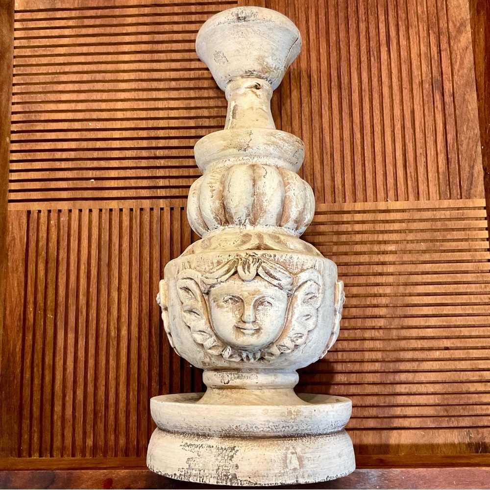 Vintage Carved Wood Painted Candlestick with Angel Motif